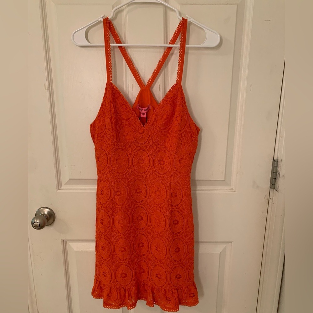 Betsy Johnson Orange Lace Fit & Flare Peasant Lined Mini Dress Ruffle Hem Size S